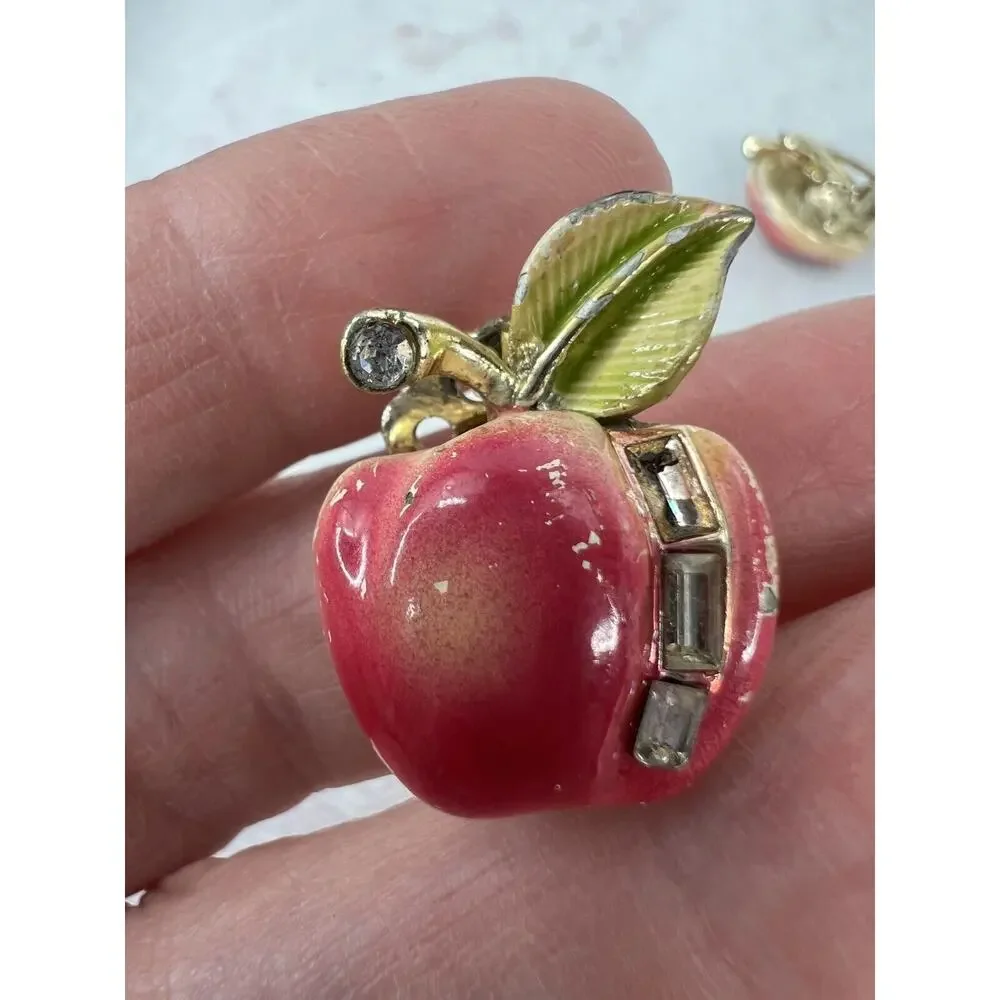 Vintage Red Gold-Tone Enamel Apple Shaped Small Clips - Lot of 2 Teacher‎